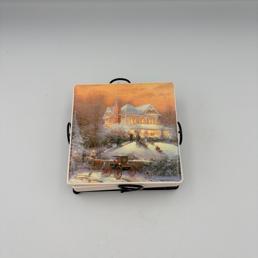 Thomas Kinkade Victorian Christmas II Ceramic Coaster Set of 4 with Metal Holder